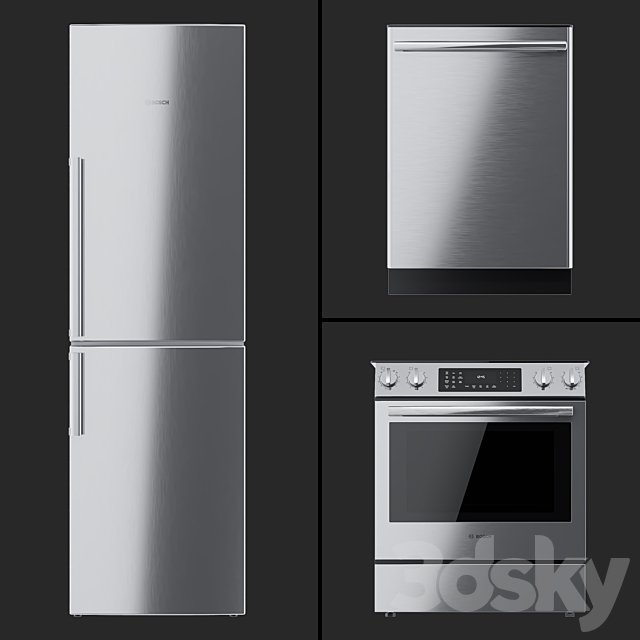 Bosch - HEI8056U cooker, B11CB50SSS refrigerator and SHX3AR75UC dishwasher.