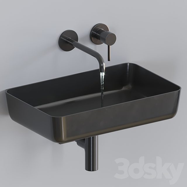 Black washbasin with wall-mounted faucet