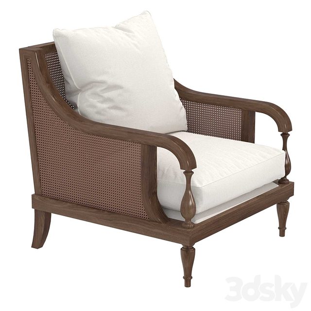 Custom made chair in brown wood, cane back and white cushions