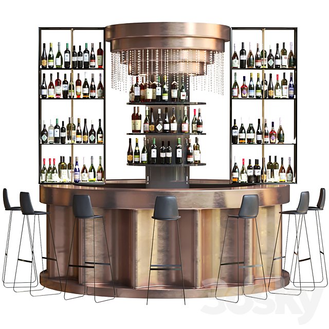 Bar counter with copper decor and strong alcohol. The pub