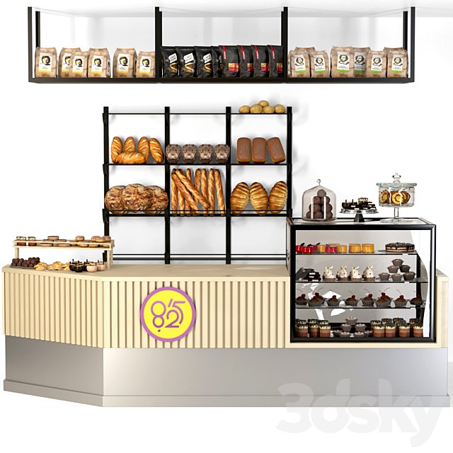 Coffee point in loft style with a showcase with desserts and fresh pastries