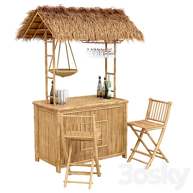 Beach Bamboo Bar with bottles and glasses