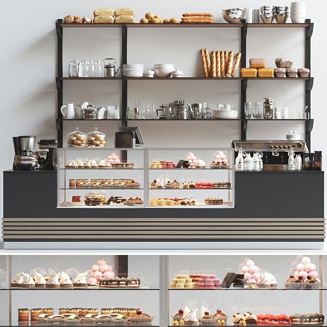 Design project of a coffee point in a minimalist style with a showcase with desserts and sweets. Cafe