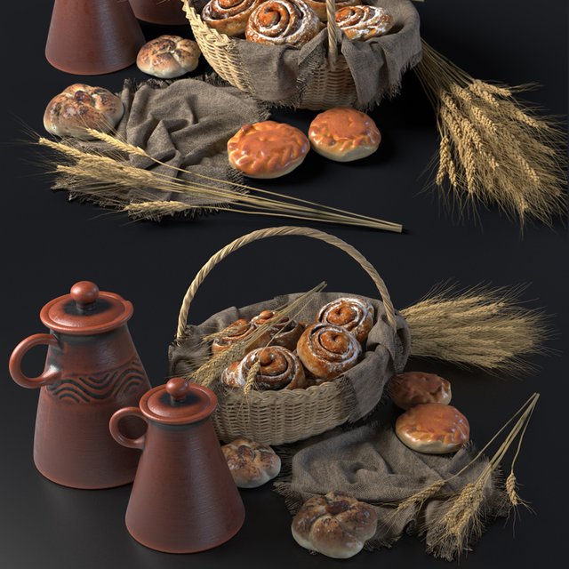 Composition with buns in a wicker basket