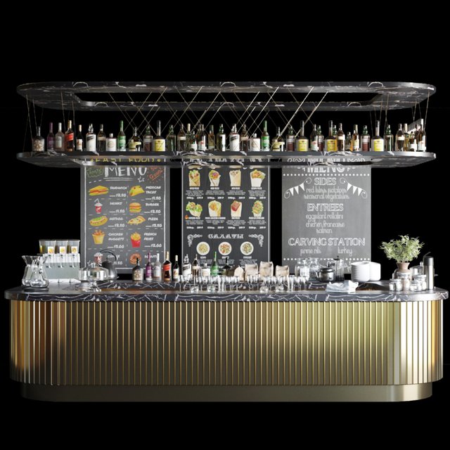 A large design project of a bar counter with strong alcohol, wine and a variety of cocktails. Alcohol