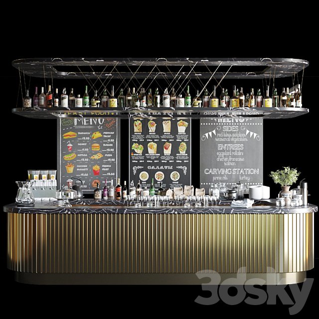 A large design project of a bar counter with strong alcohol, wine and a variety of cocktails. Alcohol