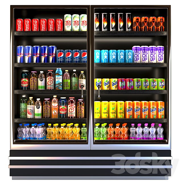 Showcase in a supermarket with lemonades, juices and energy drinks 8