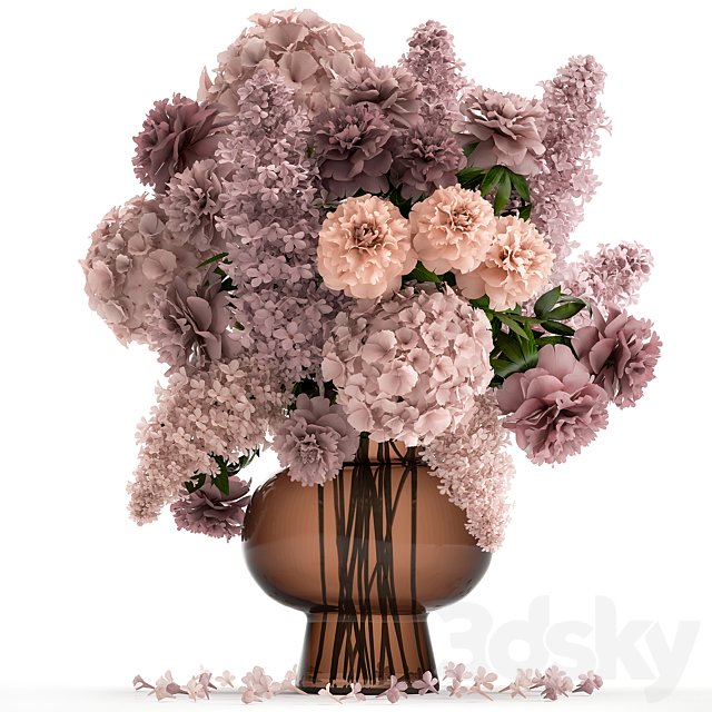 A lush bouquet of spring flowers in a glass vase with hydrangeas, lilacs, peonies. 144.