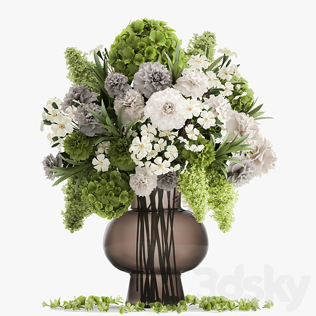 A wonderful bouquet of green spring flowers in a glass vase with hydrangeas, lilacs, peonies. 151.