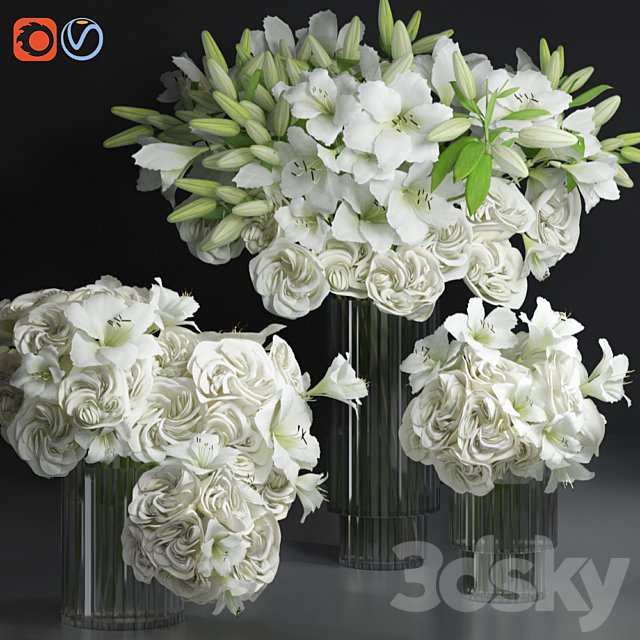 White Lily Tuberose Peony Camelia Bouquet Decorative Glass Vases Set