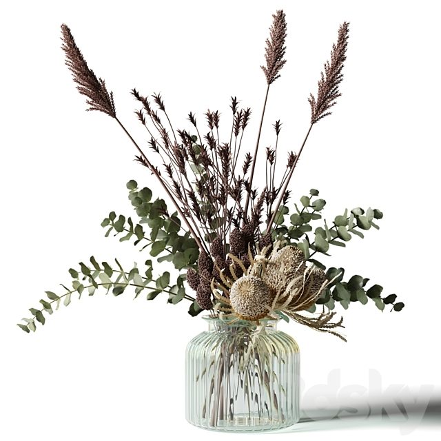 Bouquet with tall grass, eucalyptus and bankxias in a ribbed glass vase