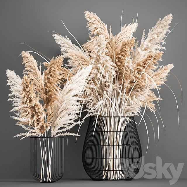 A lush bouquet of dried flowers in a basket with pampas, Pampas grass, Cortaderia, a branch. 192.