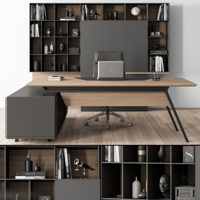 Manager Desk and Library Wood and Black - Office Furniture 266