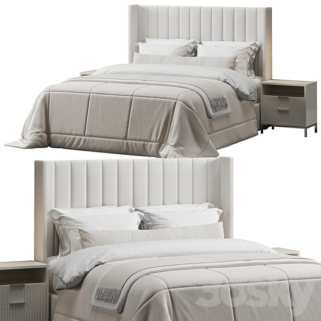 Striped Wingback Headboard Bed