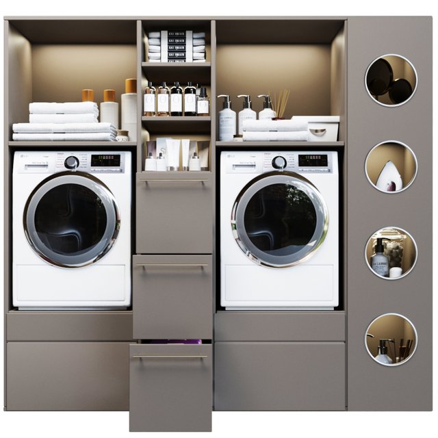 Laundry room in gray with household appliances and cosmetics 5