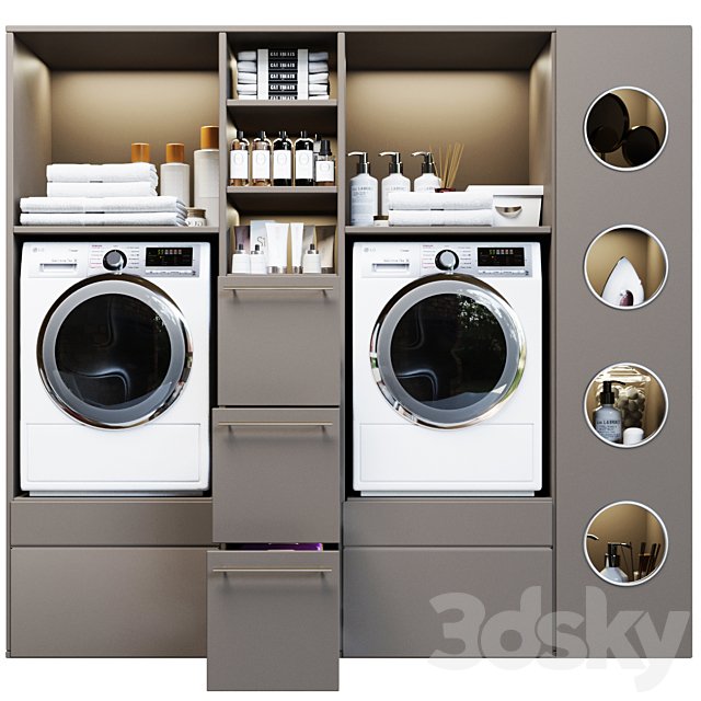 Laundry room in gray with household appliances and cosmetics 5