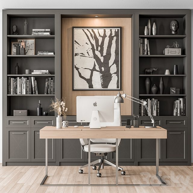 Home Office Desk and Library Gray Set - Office Furniture 279