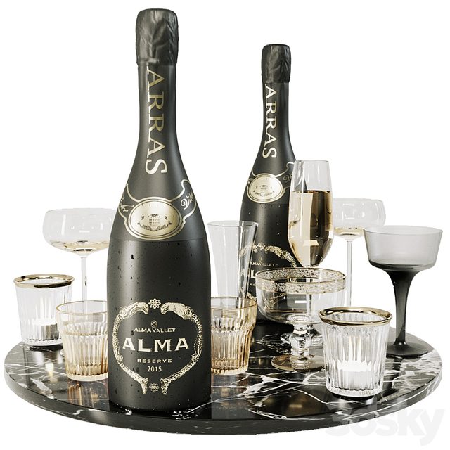Collection of sparkling wine with crystal glasses and marble tray