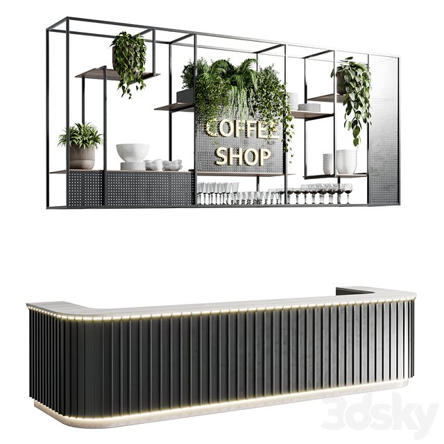 Coffee shop reception, Restaurant counter by hanging plant - 02