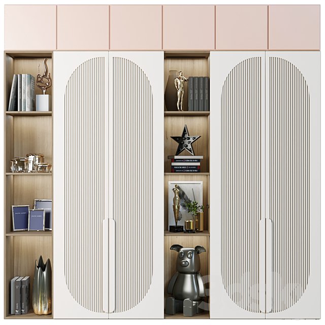 Wardrobe with decor, books and figurines in the nursery
