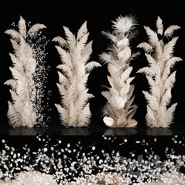 Wedding decorations from columns of dried flowers and pampas grass, Cortaderia, moonflower, dry, palm branch. Bouquet 289.