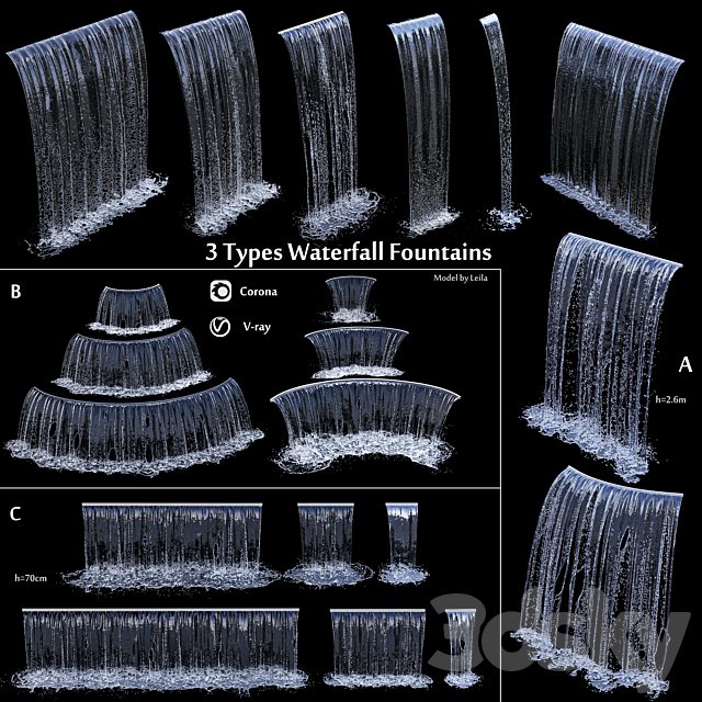 3 types of waterfall Fountains cascade in different sizes