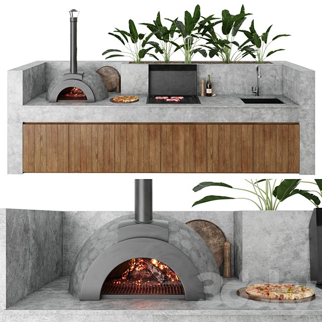 Outdoor kitchen with barbecue and pizza oven