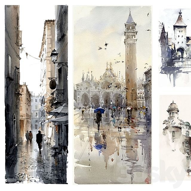 Texture watercolor paintings in gray-beige tones.