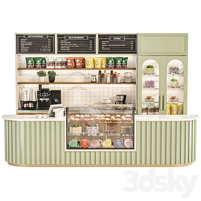 Cafe with display case with desserts and coffee machine