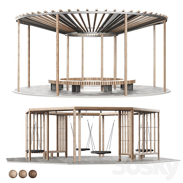 Set of pergolas (gazebos, canopies) with swings, benches