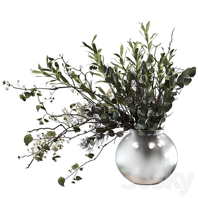 Bouquet of branches with foliage, sprigs of eucalyptus, olive and flowers