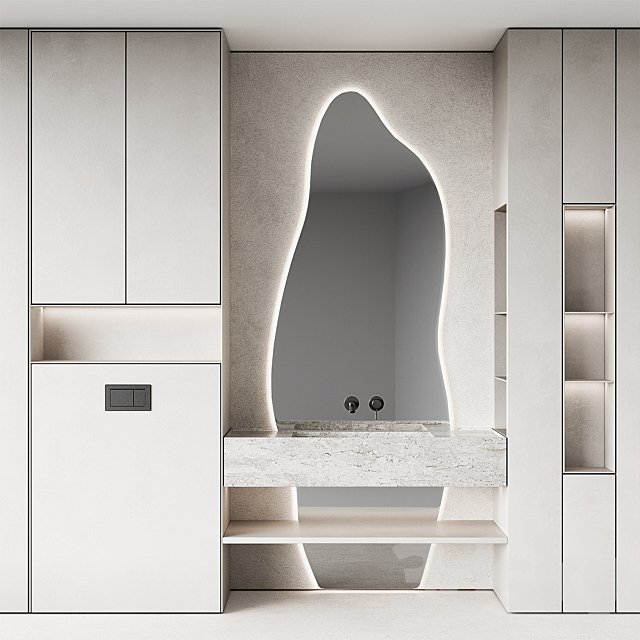 Bathroom furniture set 8. Monochrome grey. Curved mirror shape. Stone sink. Wall-mounted faucet.