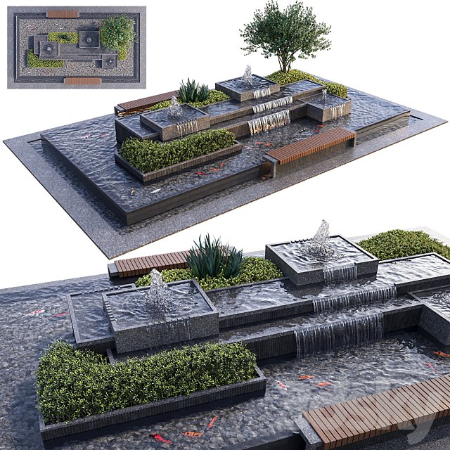Landscaping Figure with Plants Waterfalls and Fish 2
