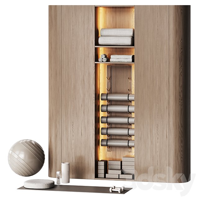 Yoga and pilates studio closet with equipment 1