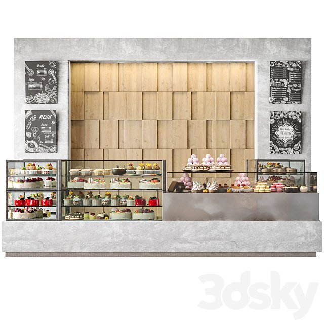 Modern coffee shop with display case with desserts and sweets