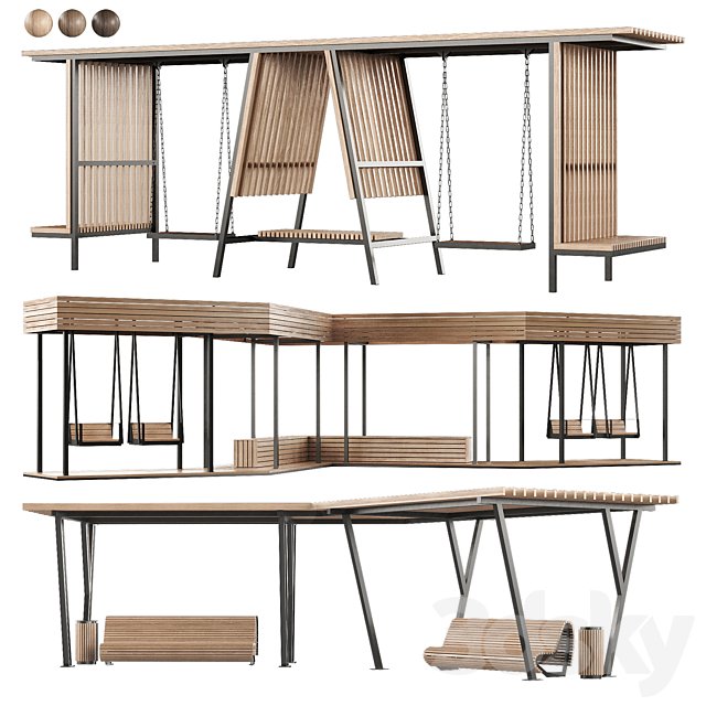 Set of pergolas (gazebos, canopies) with swings, benches 3