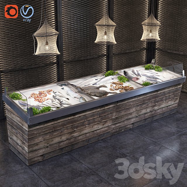 Showcase with fish and seafood