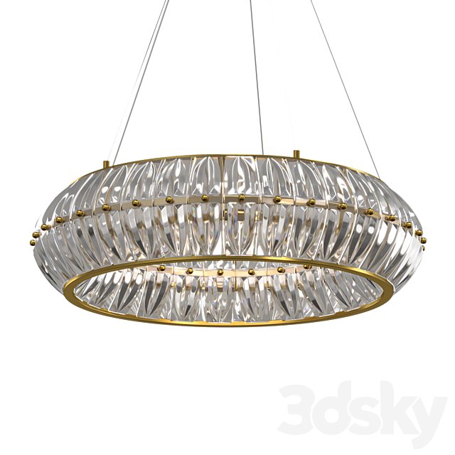 A series of circular chandeliers with a lampshade made of embossed crystal plates of rounded shape