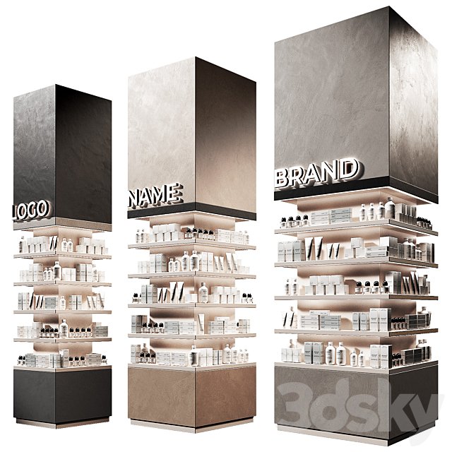 Columns of racks with trade products. Square showcase with cosmetics. Island of Pharmaceutical Products.