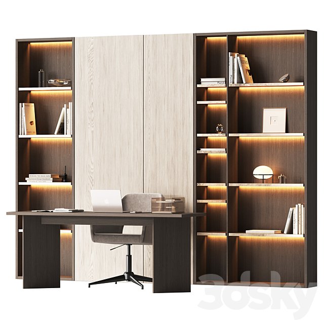 Workplace area with a shelving wall