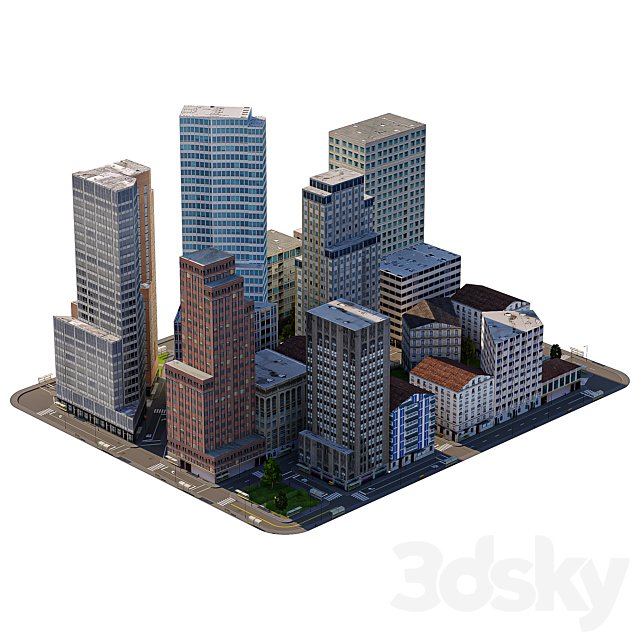 Low poly model of a city block