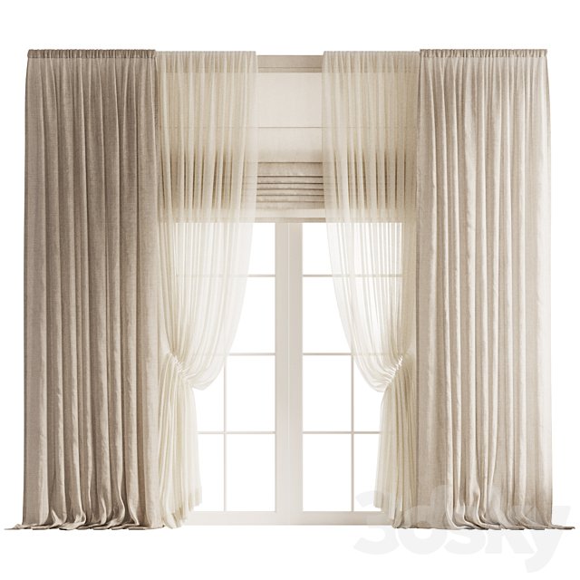 Draped Linen Curtains with Gathered Tulle and Roman Shade