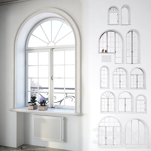 Set classical arched windows with decor