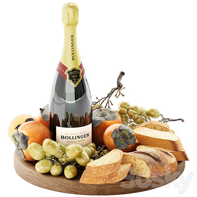 set of champagne fruits and breads