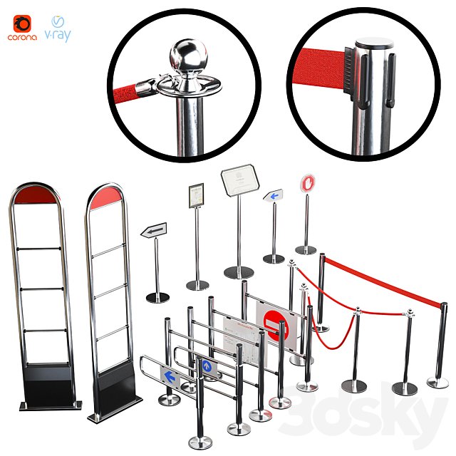 Entrance system, fencing turnstiles / Barriers fencing. Ropes and ribbon. Information plate sign. Crowd control