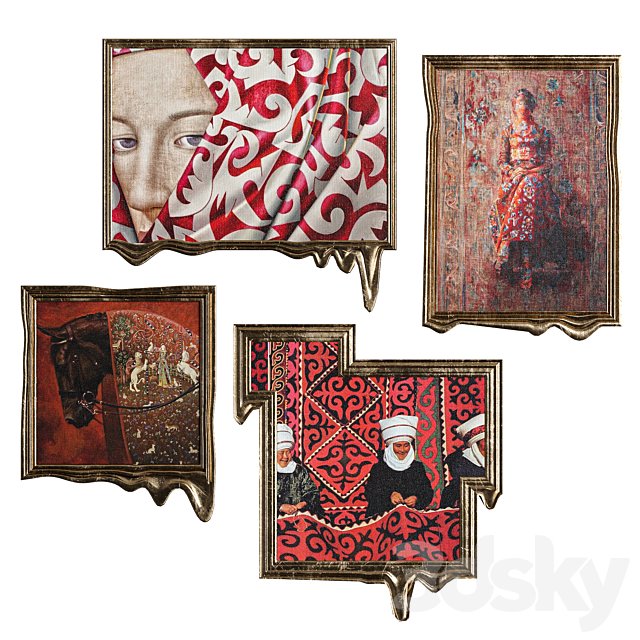 Red Ethnic Paintings in Melted Frames