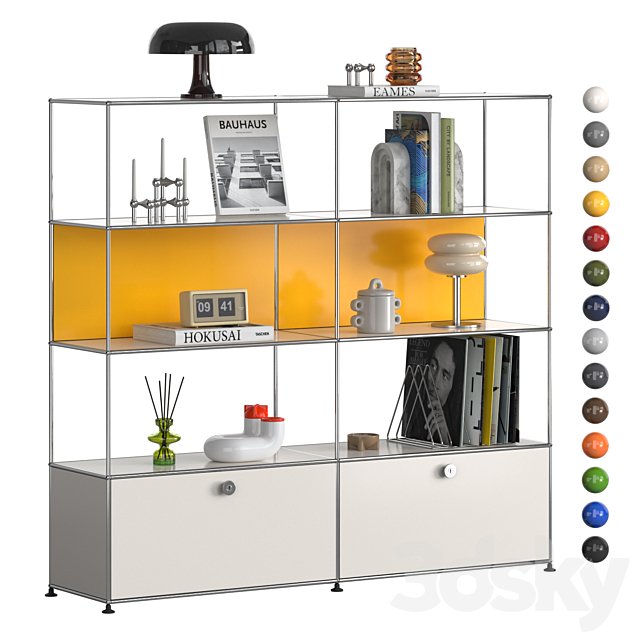 A shelving with mid-century decor. The USM Haller modular system.