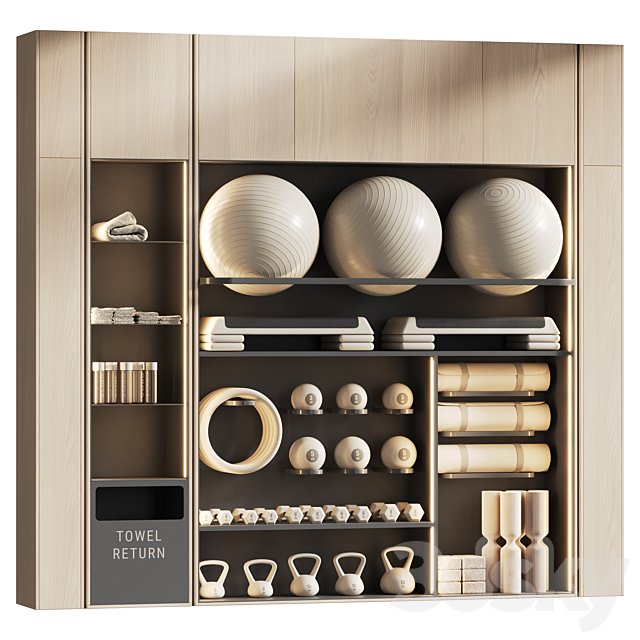 Shelf with sports equipment for yoga and group classes 002