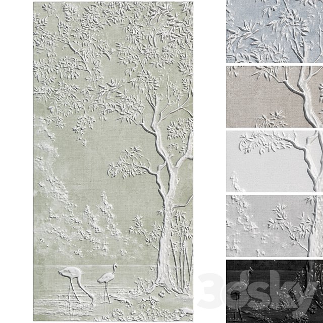 Botanical bas-relief plaster wall decorative panel flamingo forest lake tree nature