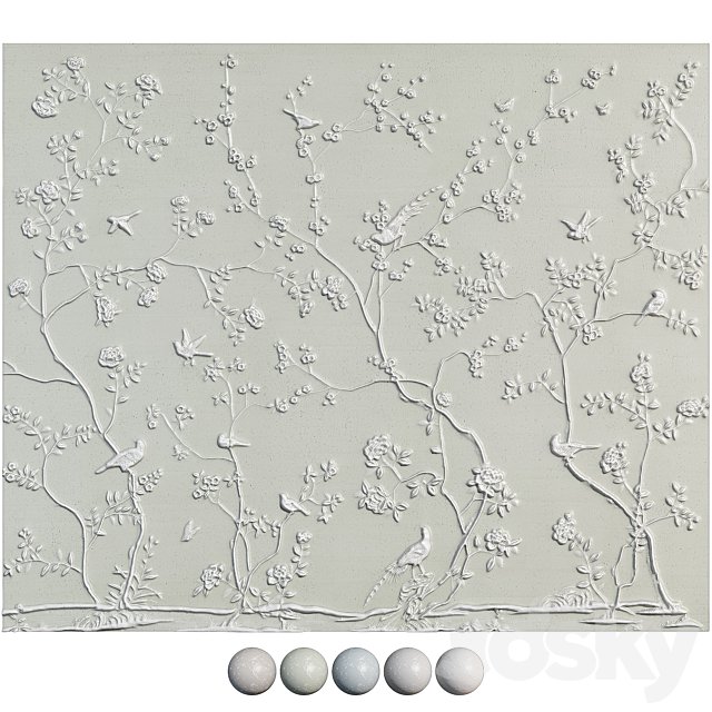 Botanical bas-relief plaster wall decorative panel garden birds tree flowers